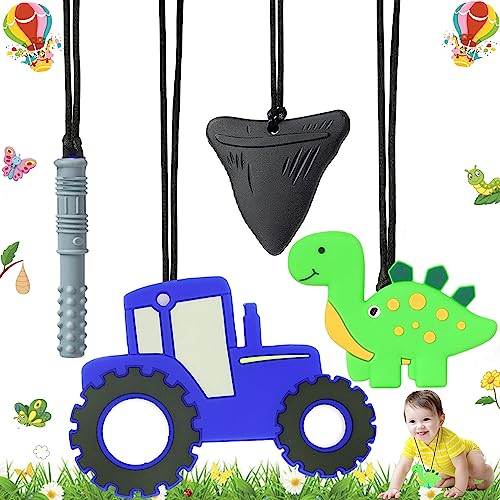 WTpin 4 Stück Kaukette für Kinder, Silikon Beißring Halskette, Sensory Kauen Halskette für Kinder, Baby Chew Halskette, Sensorische Kauen-Halskette, Für Jungen und Mädchen im Alter von 1–12 Jahren
