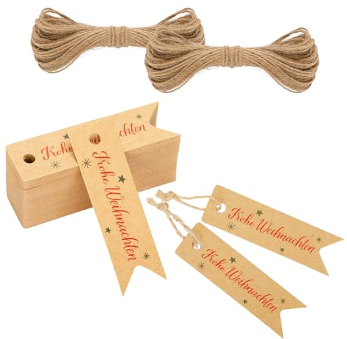 jijAcraft Weihnachtsgeschenkanhänger, Frohe Weihnachten Kraftpapier Etiketten, 100 Stück Merry Christmas Tags mit Schnur, für Weihnachten Dekoration Geschenke Verpackung