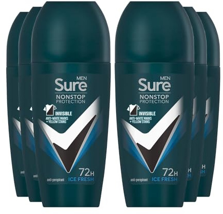 Sure Antiperspirant 72H Nonstop Sweat and Odour Protection Alcohol-Free Roll On with Citrusy, Spicy and Woody Scent Multi Fragrance Deodorant for Men, 50ml Pack of 6 (Ice Fresh)
