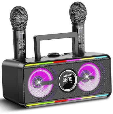 Máquina de karaoke para adultos y niños con 2 micrófonos inalámbricos UHF, sistema de altavoces PA portátil Bluetooth con luces LED para fiesta en casa, al aire libre/interior/boda, iglesia, regalos