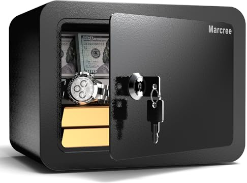 Marcree 0.23 Cub Safe, Small Safe Box with Key, Mini Home Safes for Money, Coin and Cash, Security Safes for Kids, Lock Box for Personal Items, Black, 6.69 x 9.06 x 6.69 Inches