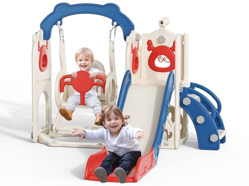 Altalena Scivolo,6 in 1 Scivolo per Bambini e Altalena Set con Canestro da Basket,Struttura da Arrampicata da Giardino,Telescopio, Contenitore,Stabile e Durevole Grande Scivolo(Blu Rosso)