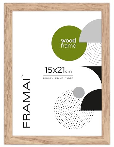 FRAMAI® Cadre photo 15 x 21 cm, chêne, cadre en bois naturel, cadre en bois véritable avec plexiglas incassable, crochet de suspension et support