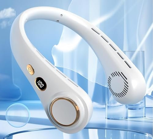 BUOAZR Ventilateur cou Portable, USB Ventilateur-avec Affichage LED, réglage à 5 vitesses, 1800mAh sans lame Silencieux Personne Collier Ventilateur, pour Cuisine Extérieure Bureau Camping (Blanc)