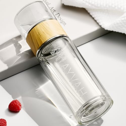 AYVAH Bouteille de thé - bouteille d'eau - bouteille en verre isotherme avec passoire à thé en acier inoxydable, couvercle et étui - Sans BPA et sans plomb - Coffret cadeau infuseur à thé