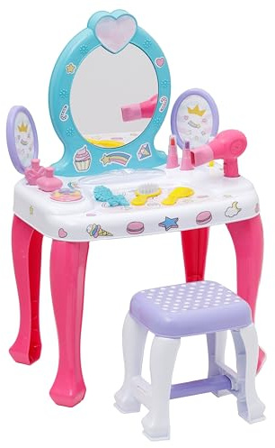 Baroni Toys Schminktisch für Kinder mit Spiegel, Hocker und 12 Zubehörteilen, Schminktisch für Mädchen, Spiegel für Mädchen, Rollenspiel für Kinder ab 36 Monaten, 48x32x71 cm, Einhörner