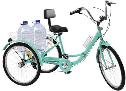 Tricycle pliable pour adulte, 24, 7 vitesses, 3 roues, avec panier à provisions, vélo cargo pour adultes, personnes âgées et femmes, réglable en hauteur (turquoise)