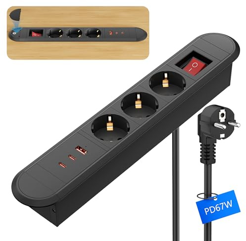 Einbausteckdose mit 67W USB-C, 3 Steckdosen & 3 USB-Anschlüsse, Versenkbare Tischsteckdose, Einbau Steckdosenleiste für Schreibtisch/Büro/Küche, 1,8m Kabel, Schwarz