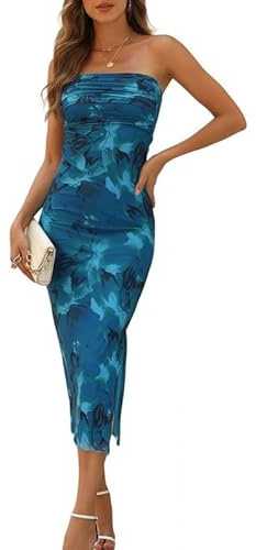 Sukiglam Vestido de Tubo Mujer Sexy Leopardo/Tie Dye Midi Vestidos sin Tirantes Elegante Vestido Largo Ajustado Verano sin Mangas Bodycon Wrap Vestidos Fruncido de Fiesta Cóctel Noche Clubwear