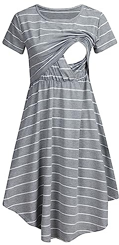 Nursing Dress Women's Striped Nursing Dress Breastfeeding Crew Neck Maternity Nightdress Soft Comfy Pregnancy Nightwear Short Sleeve Ladies Nightgown Pregnancy Sleepwear Pyjamas Breastfeeding Grey