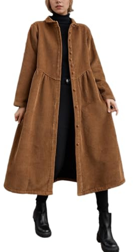 Veste en velours côtelé pour femme manteau long chaud décontracté lâche vintage à manches longues boutonné col à revers surdimensionné (Caramel,TG)