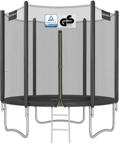 SONGMICS Cama Elástica, 183 cm, Trampolín para Niños con Red, Cojín de Seguridad, Escalera, Mástil Recto de 180 cm de Altura, Marco de Acero, Negro STR061BZ01