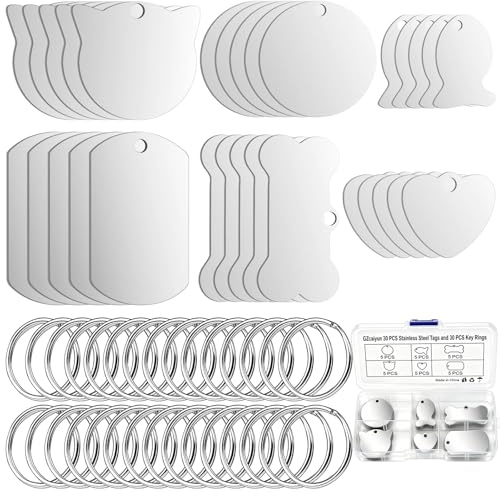 GZcaiyun 30 st rostfria stål hänge Blanko, Rohlinge Dog Tags Gravering Rohlinge Hundmärke, Runda/Rakrektangulära/Hjärtformade/Fisk/Katt/Ben för halsband, Husdjursmärke, med nyckelring, låda