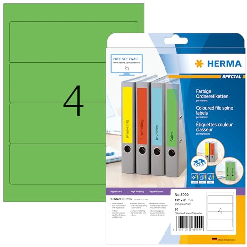 HERMA 5099 mappetiketter A4 kort/bred (192 x 61 mm, 20 ark, papper, matt) självhäftande, utskrivbara, permanenta mappa ryggetiketter, 80 filetiketter, grön