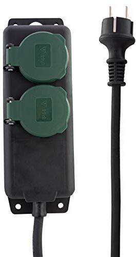 REV Steckdosenleiste - Mehrfachsteckdose 2-Fach IP44, ideal für Garten & Terrasse, Kabel 1,4m, max. 3680W, schwarz-grün