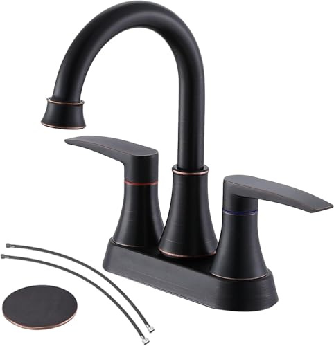 Lead-Free 2-Handle Oil Rubbed Bronze Bathroom Sink Faucet, 360° Swivel High-Arc Spout 4 Inch Centerset Bath Lavatory Vanity Faucets Set for Bathroom Sinks with Drain & Water Hoses, VABM80008H