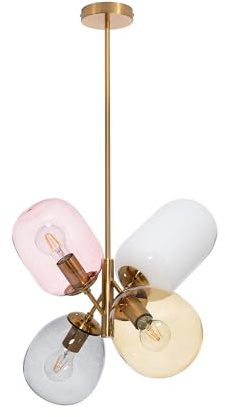 LEDKIA LIGHTING - Lampada a Sospensione | Metallo e Cristallo | 4 Luci E27 | Design Elegante | Lampadari Ottone Illuminazione | Uso Interno IP20 | Per Cucina e Camera da Letto, Oro