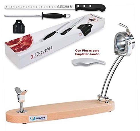 Portaprosciutto pieghevole girevole in faggio laccato naturale + set di coltello, pinza e tagliacarte 3 chiavi + regalo copriprosciutto