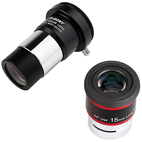 SVBONY 2X Barlow Lens 1.25 inch Double Bundle with 15mm Telescope Eyepiece 1.25 inches Eyepiece 68 Degree Ultra Wide Angle Telescope Accessory