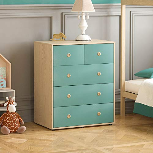 Junior Vida Neptune - Cómoda de 5 cajones para Almacenamiento de Dormitorio Moderno para niños (Azul y Roble)