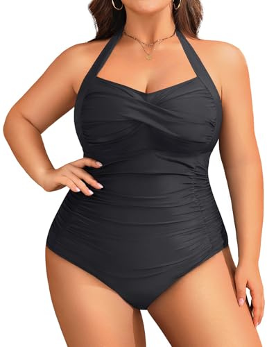 Yonique Women Plus Size One Piece Swimsuits Tummy Control Bathing Suits Twist Front Ruched Swimwear Black 16W
