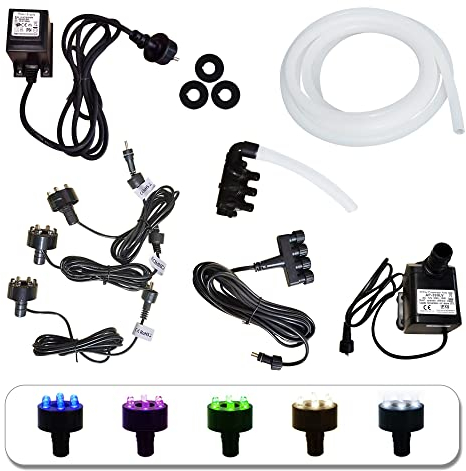 Köhko komplett Pumpe Set 1000L/H für Gartenbrunnen inkl. 3 LED-Beleuchtung (Warmweiß), 3 Wege Wasserverteiler, 4-Fach Stromverteiler, Schlauch, 5m Verlängerungskabel, Tarfo und Schaumdichtung