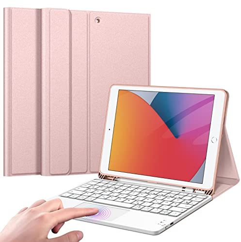 Fintie Tastatur Hülle für iPad (9. / 8. und 7. Generation - 2021/2020/2019), iPad 10.2 Zoll Deutscher Tastatur mit Touchpad Magnetisch Abnehmbarer Keyboard, Roségold