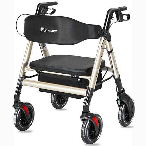 FlyingJoy Heavy Duty Rollator Walker with Seat,Bariatric Folding Rolling Walker with Large 8-inch Wheels,Supports up to 450 lbs,Champagne