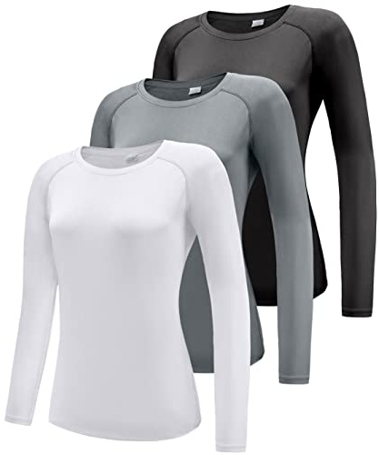Boyzn Women's 3 Pack Short/Long Sleeve Workout Running Shirts, UPF 50+ Sun Protection Shirts, Athletic Exercise Gym T-Shirts-Black/White/Grey-L
