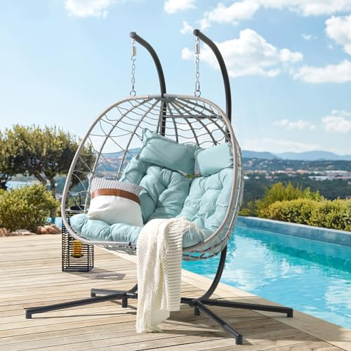 Patiorama 2 Person Double Egg Swing Chair with Stand Indoor Outdoor, Patio Wicker Rattan Hanging Egg Chair w/Cushion, Pillow, Foldable Hammock Chair 550lbs for Bedroom, Balcony, Garden (Light Blue)