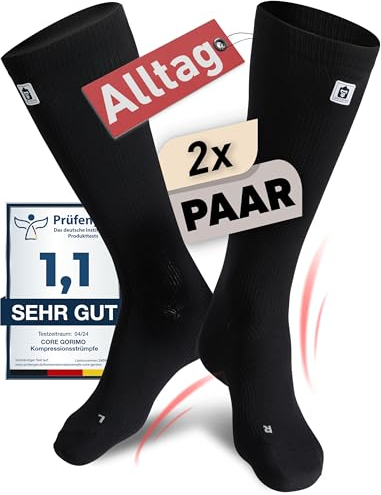 CORE GORIMO - 2 Paar - Kompressionsstrümpfe Herren & Damen - Atmungsaktiv - Stützstrümpfe & Kompressionssocken für stehende Berufe, Flug und Sport (43-46, Schwarz)