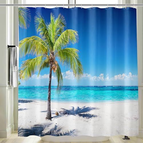 Vgzsyomqib Strand Türkis Meer Duschvorhang 200x200 Lang Anti Schimmel Wasserdicht für Badewanne Stoff Shower Curtains 3D Beige Insel Grün Palmen Blau Ocean Motiv Duschvorhänge Waschbar Textil