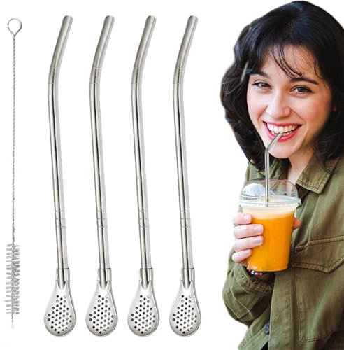 Rrlihjgu Paille filtrante en métal pour café | Lot de 4 pailles réutilisables Tea Bombilla | Agitateur réutilisable de cocktail de cuillère de paille en métal pour boire le thé en vrac,