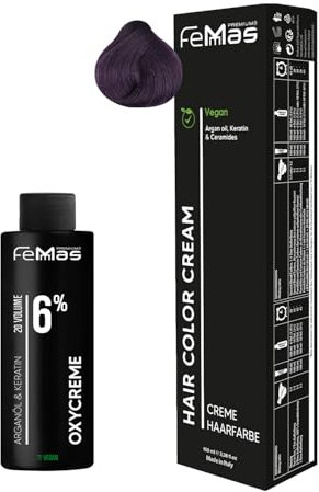 Femmas Set di colori per capelli biondo medio viola intenso 7.22 I Hair Color Cream 100 ml + Oxycreme 100 ml 6% I Colorazione permanente per capelli + sviluppatore, delicato e duraturo, colore per