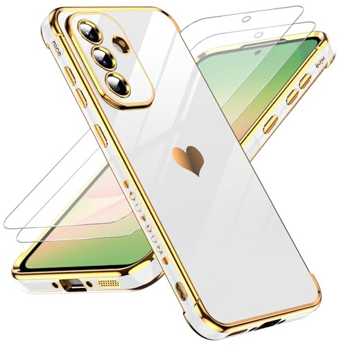 LeYi Cover per Samsung Galaxy A56 5G Custodia con Vetro Temperato [2 Pack], Amore Cuore Paraurti Morbido Silicone TPU Sottile Case con Protezione Fotocamera per Samsung A56 Donne, Bianco