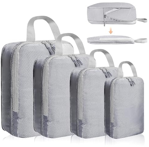 Equipaje bolsa de compresión, paquete de cubos de compresión, organizador de viaje ultraligero, almacenamiento de maleta puede satisfacer todas sus necesidades de viaje (gris, 4 piezas)