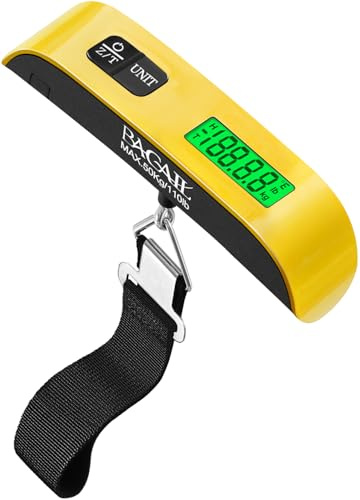 BAGAIL Digital Luggage Scale, 110lbs Hanging Baggage Scale with Backlit LCD Display,Portable Suitcase Weighing Scale,Travel Luggage Weight Scale with Hook,Strong Straps for Travelers(Yellow with Temp)