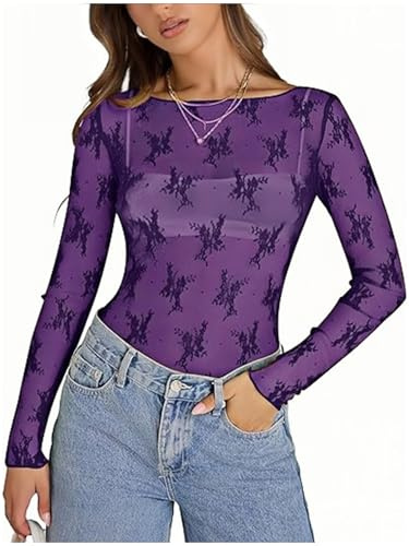 OOHOKAY Haut en maille filet pour femme - Chemisier sexy transparent - Manches longues - Dentelle, Violet foncé/s1, L