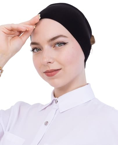 Prien Bonnet Hijab Femme Musulmane en Coton, Sous-Voile Pré-Cousu Extensible, Bandeau Antidérapant Confortable pour Prière, Foulard Écharpe Islam Quotidien (Noir)