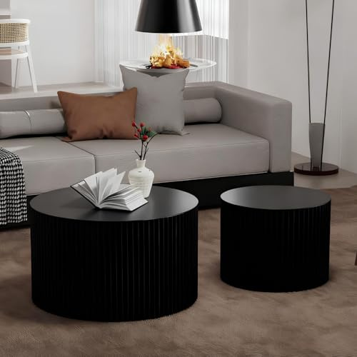 Couchtisch Rund, Satztisch 2er Set, Wohnzimmertisch Modern Kaffeetische Satztische Größe: 70x70x40cm, 50x50x35cm, Beistelltisch Set aus Holz für Wohnzimmer Balkon Büro, Schwarz