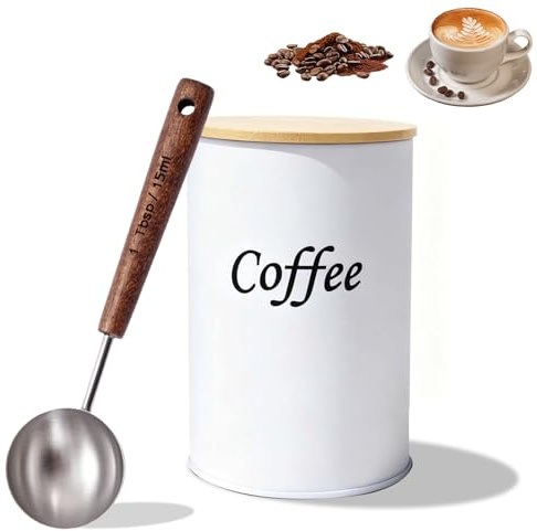 Lata de café hermética, 500 ml, para café molido, granos de café, recipiente con cuchara de acero inoxidable, almacenamiento de granos de café con tapa de madera para café en polvo, nueces, té, azúcar