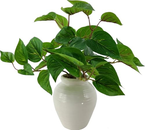 11 Inch Artificial Golden Pothos Plant in White Ceramic Pot