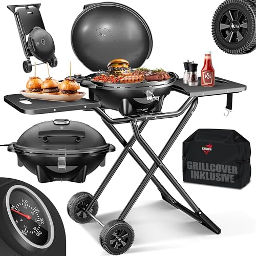 KESSER® Barbecue elettrico 2 in 1 da tavolo - griglia da terra con coperchio | max. 2400 Watt | Pieghevole | Termostato | Rivestimento antiaderente | Piastra griglia Tavoli di appoggio | 2 Ruote |