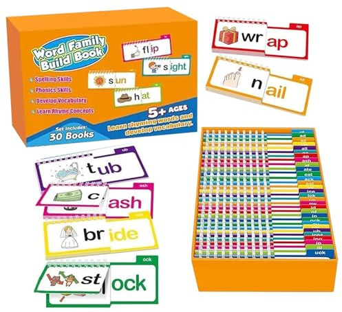Läs och rim Bläddra böcker 30-pack – Word Family Building Kit med 287 ord, Phonics Flash-kort och interaktiva lässpel, roliga pedagogiska inlärningsset för småbarn tidiga läsare