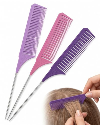 YIPFEN Peines de Cola para Mechas, Set 3 uds (Violeta/Rojo). Precisión Profesional para Balayage, Tintes y Estilizado. Separa el cabello fácil.