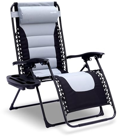 SereneLife Transat Jardin Extérieur Rembourré - Chaise Longue Zéro Gravité | Fauteuil Relax Jardin Pliable Inclinable Gris, Textilène Respirant, Chaise de camping, Table & Repose-Tête Rembourré Inclus