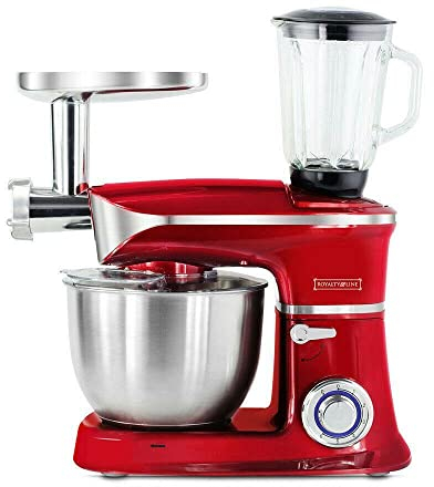ROYALTY LINE, Multifunktions-Küchenmaschine 1900 W Rot RLPKM19007BG-RED, 6,5 l Edelstahlschüssel, inklusive Zubehör: Schneebesen, Rührbesen, Haken, Sicherheit mit Schutzgitter, 18/10 Steel, Grau
