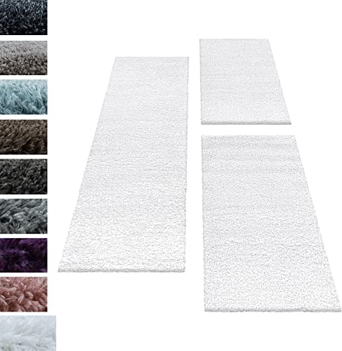 Carpettex Bettumrandung Schlafzimmer 3teilig Shaggy Teppich Hochflor Läuferset Design Weiss Bettset:2 mal 60x110 + 1 mal 80x250 - Bettvorleger Schlafzimmer Weich Langflor Bettumrandung Teppich Set