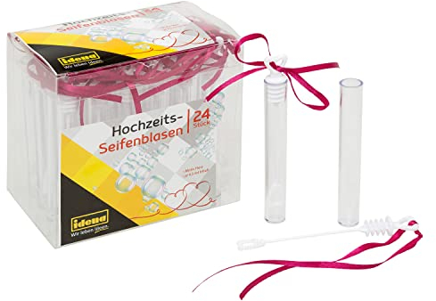 Idena 39145 - Seifenblasen-Set mit Herzdeckel, 24 Stück, je 4,5 ml, 10 cm, Hochzeit, Brautpaar, Fotoshooting, Spalierstehen, Valentinstag