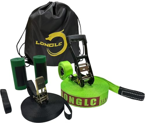LONGLC Slackline Kit | Longer 65 ft Line with Training Line | Tree Protectors, Arm Trainervand Carry Bag | Tight Rope Slack Lines for Backyard | Children, Adults Green